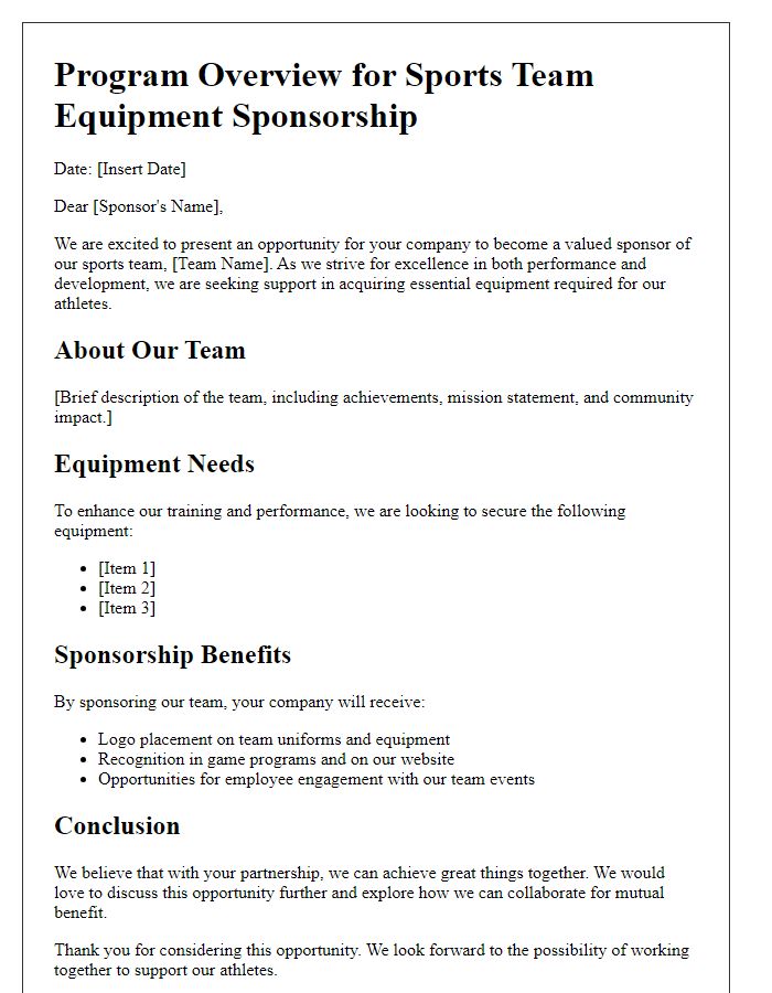 Letter template of program overview for sports team equipment sponsorship.