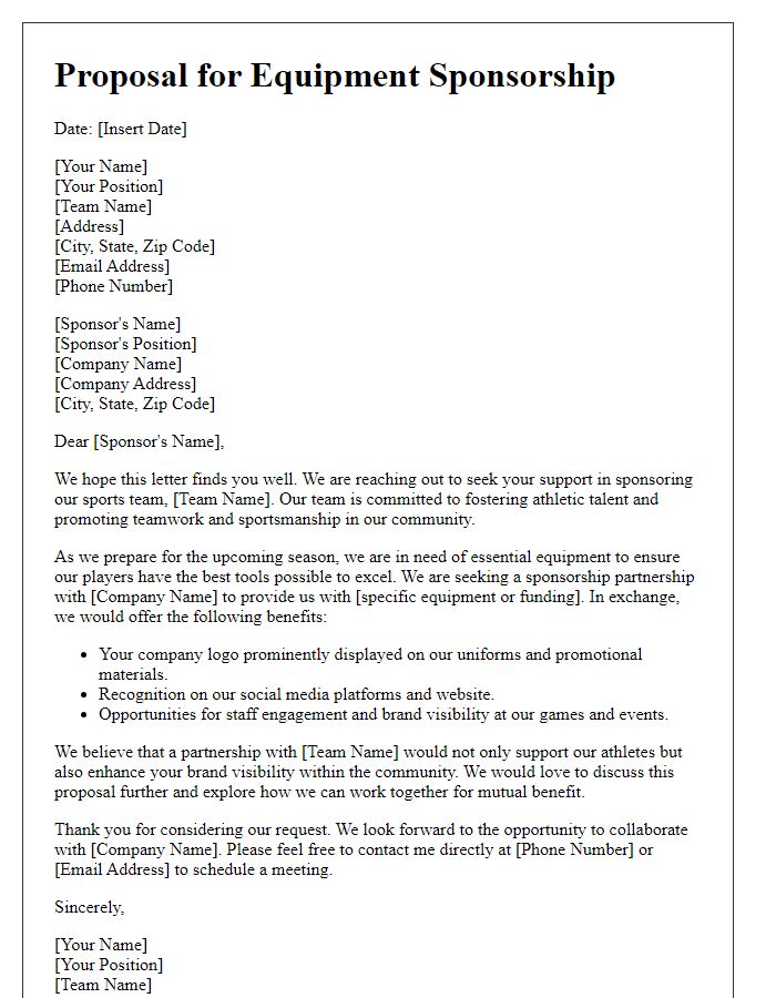 Letter template of proposal for sports team equipment sponsorship.