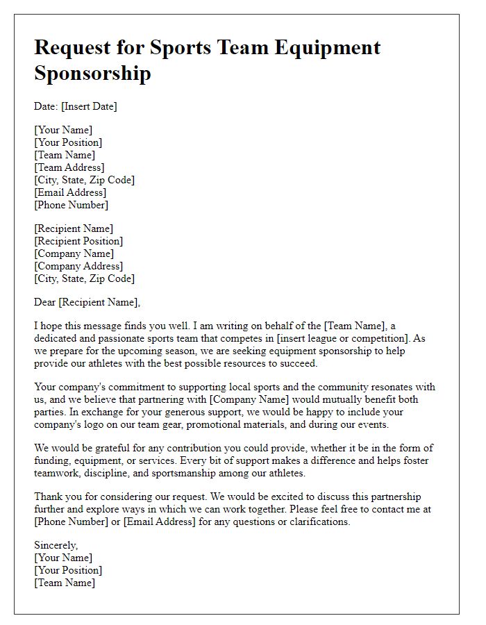 Letter template of request for sports team equipment sponsorship.