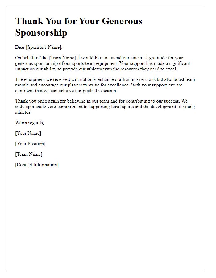 Letter template of thank you for sports team equipment sponsorship.