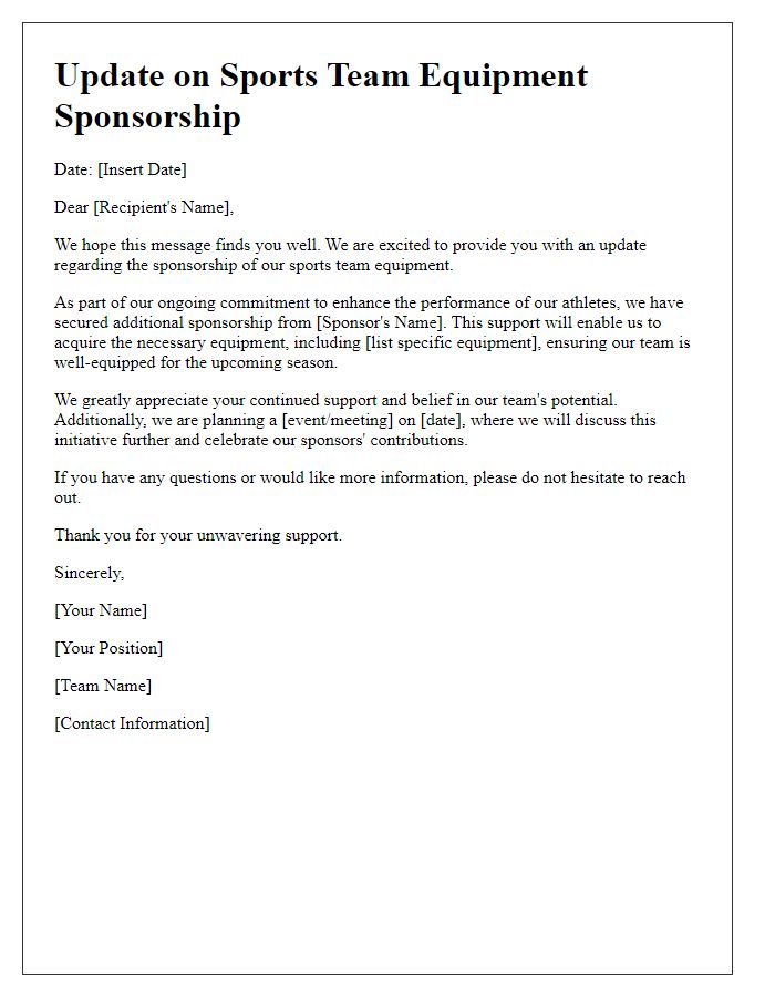 Letter template of update on sports team equipment sponsorship.