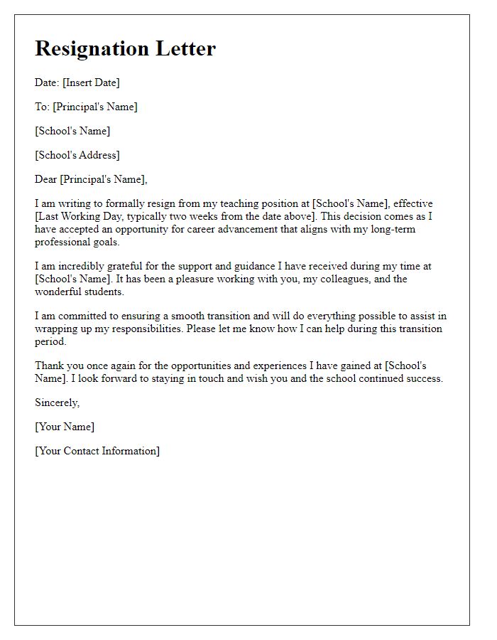 Letter template of resignation from a teaching position for career advancement