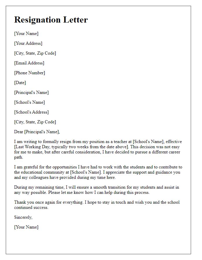 Letter template of resignation from a teaching position to change career paths