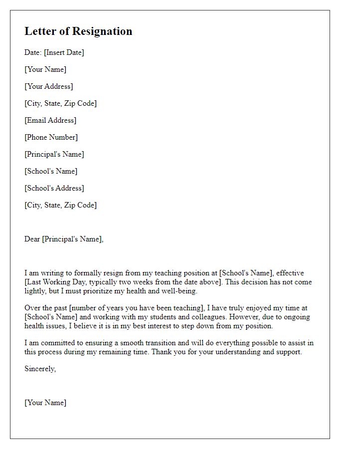 Letter template of resignation from a teaching position citing health reasons