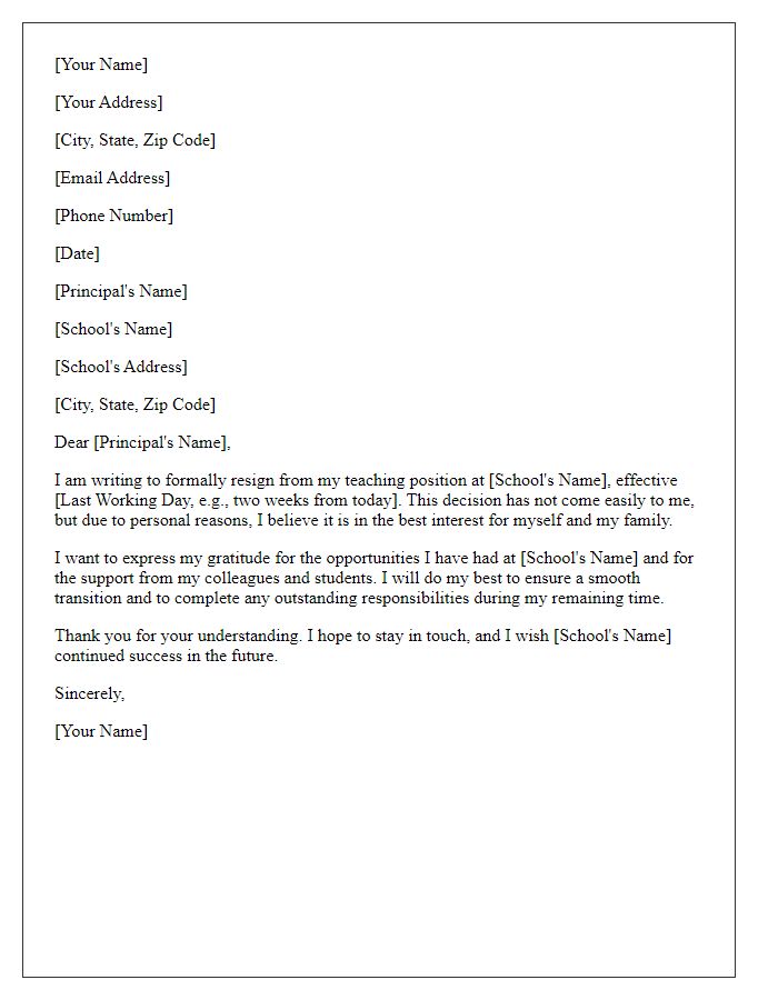 Letter template of resignation from a teaching position due to personal reasons