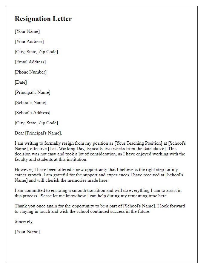 Letter template of resignation from a teaching position for a new job opportunity