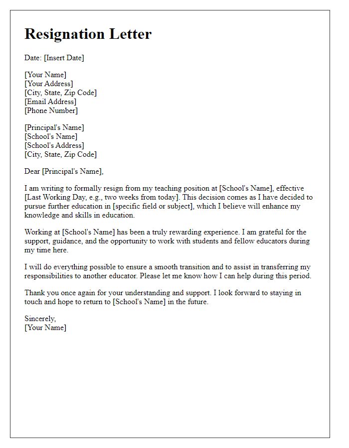 Letter template of resignation from a teaching position to pursue further education