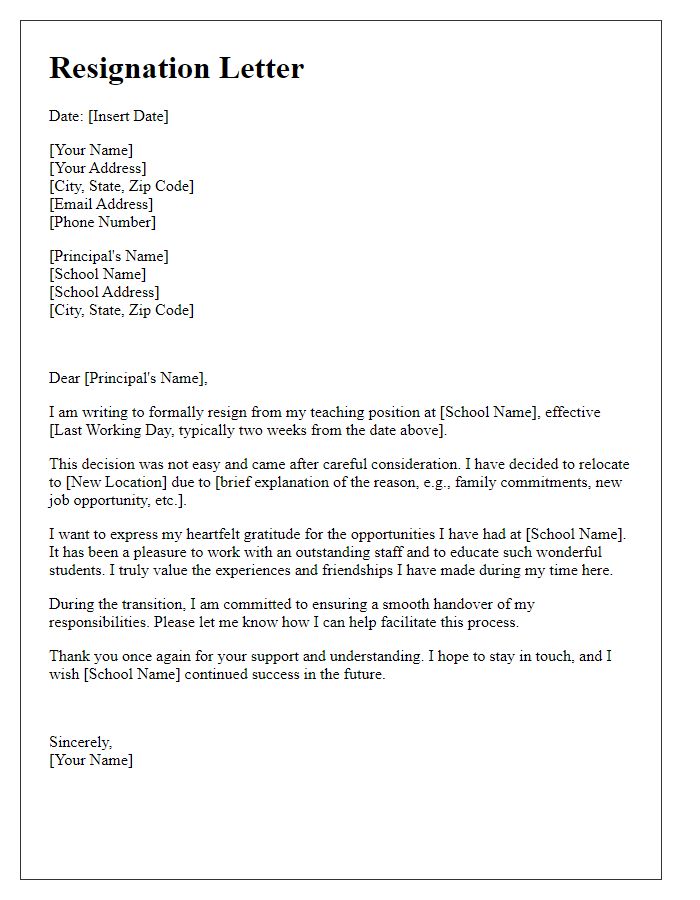 Letter template of resignation from a teaching position to relocate