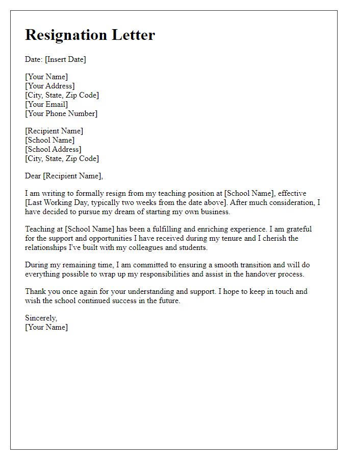 Letter template of resignation from a teaching position to start a business