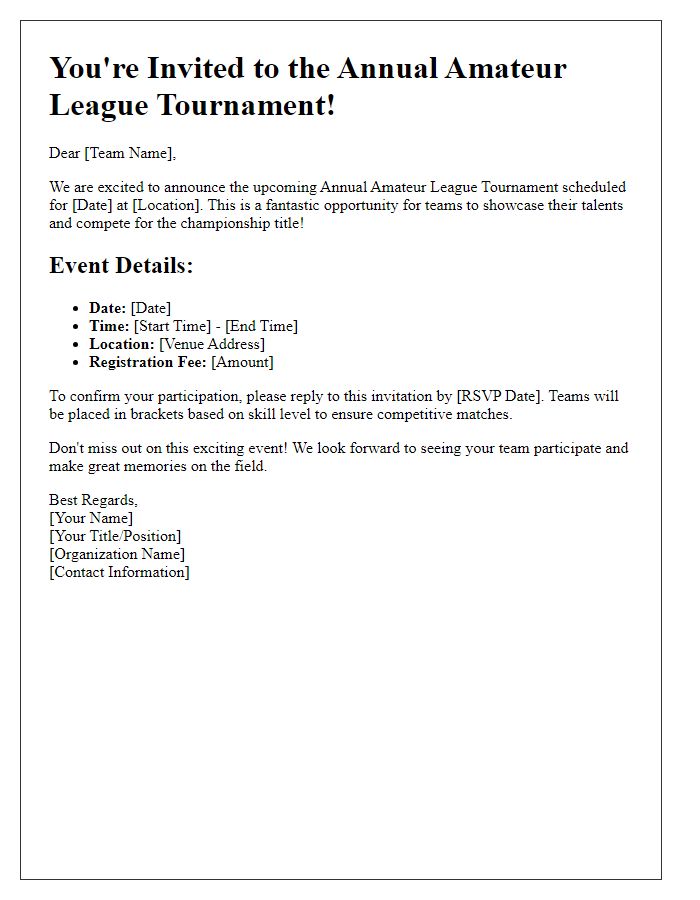 Letter template of sports team tournament invitation for amateur leagues