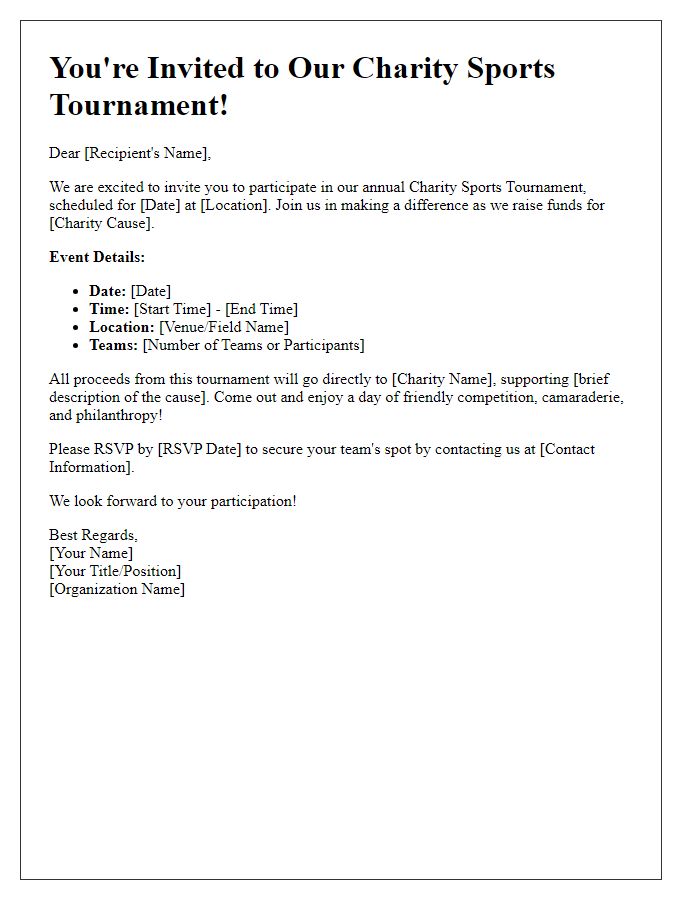 Letter template of sports team tournament invitation for charity events