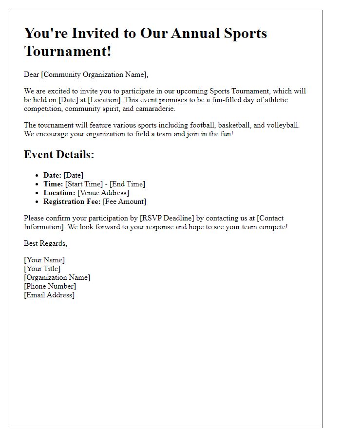 Letter template of sports team tournament invitation for community organizations