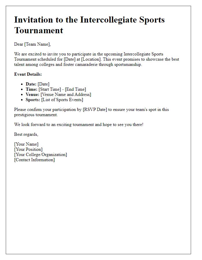 Letter template of sports team tournament invitation for intercollegiate competitions