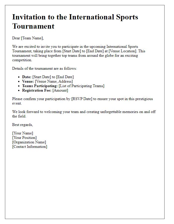 Letter template of sports team tournament invitation for international teams