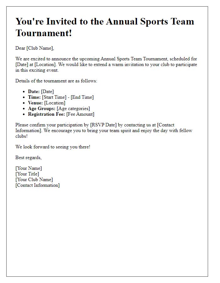 Letter template of sports team tournament invitation for local clubs