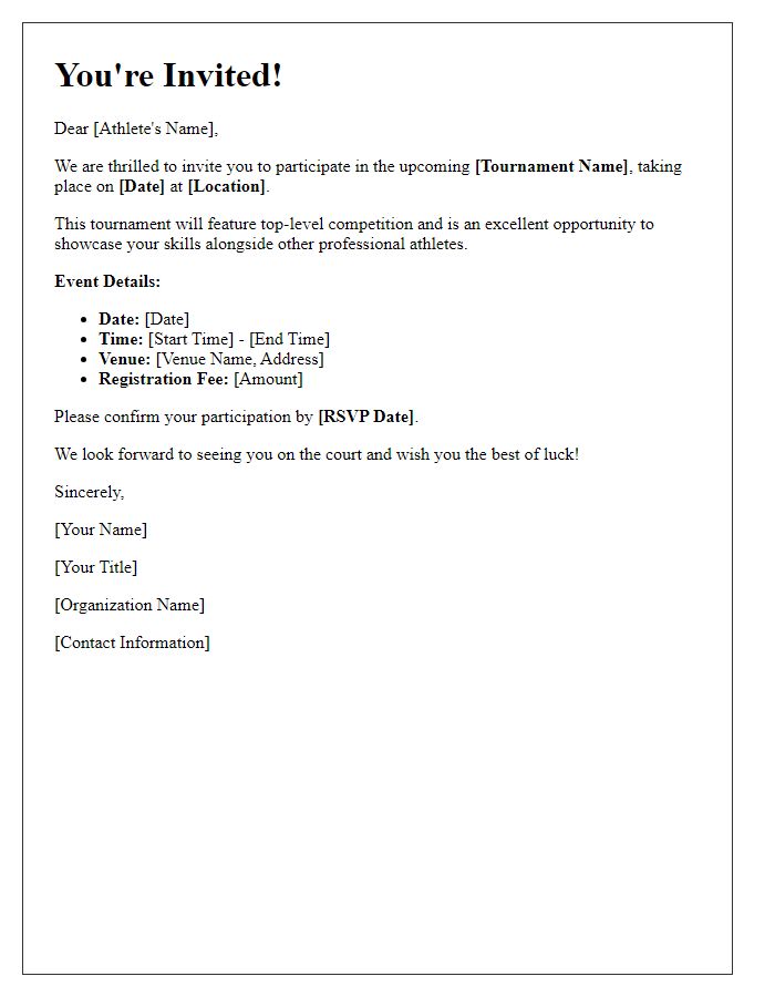 Letter template of sports team tournament invitation for professional athletes