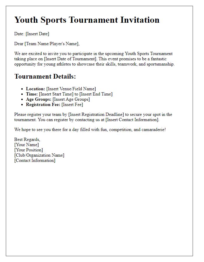 Letter template of sports team tournament invitation for youth leagues