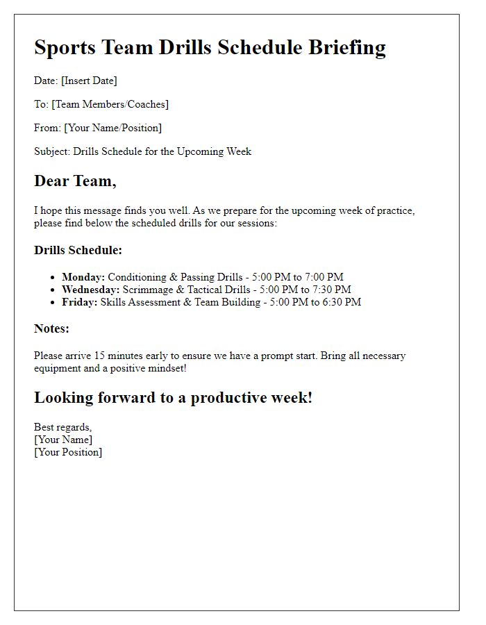 Letter template of sports team drills schedule briefing