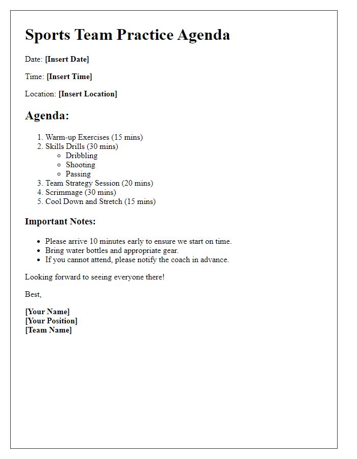 Letter template of sports team practice agenda distribution