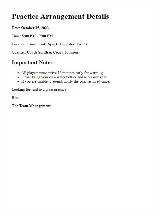 Letter template of sports team practice arrangement details