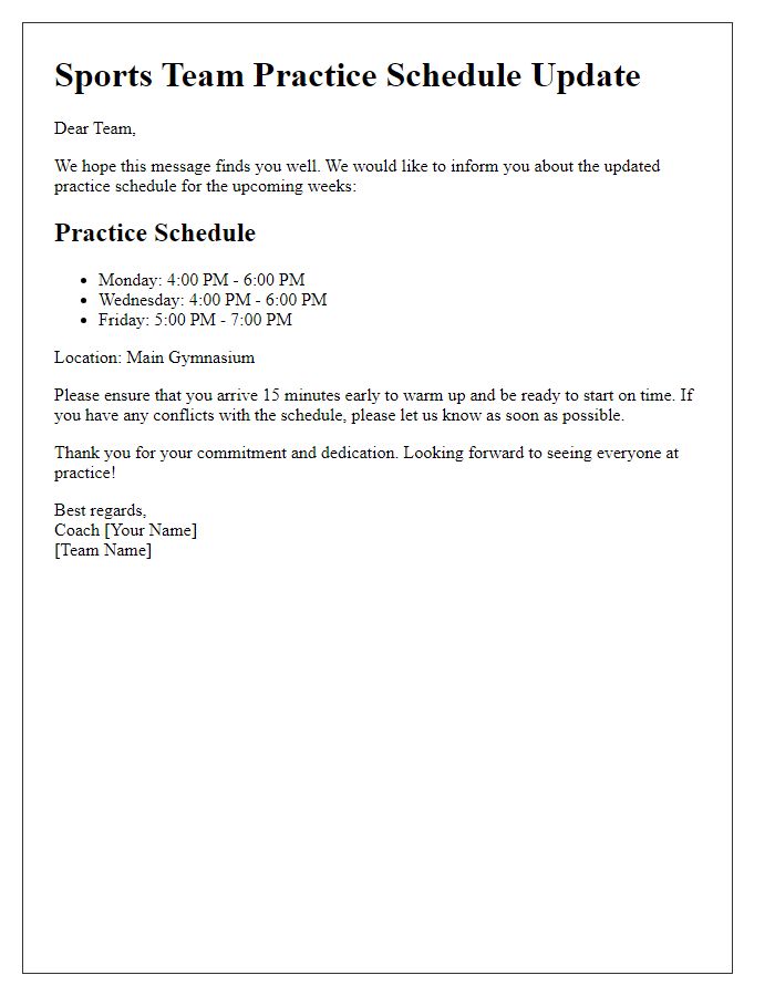 Letter template of sports team practice schedule update