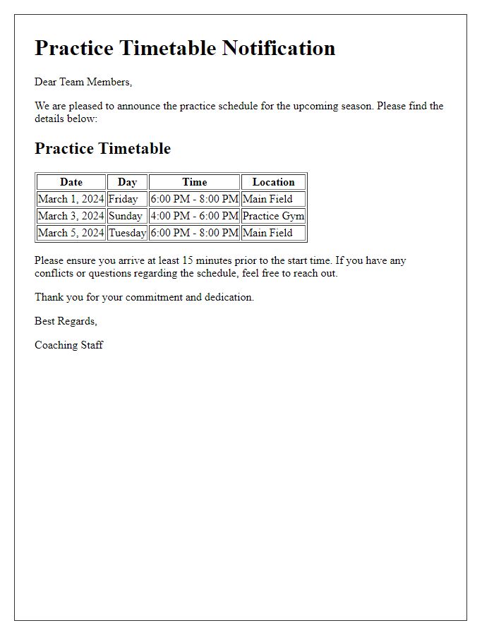 Letter template of sports team practice timetable notification