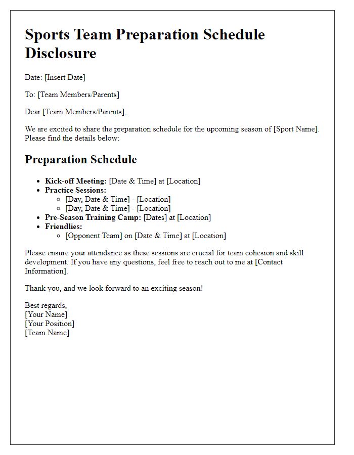 Letter template of sports team preparation schedule disclosure