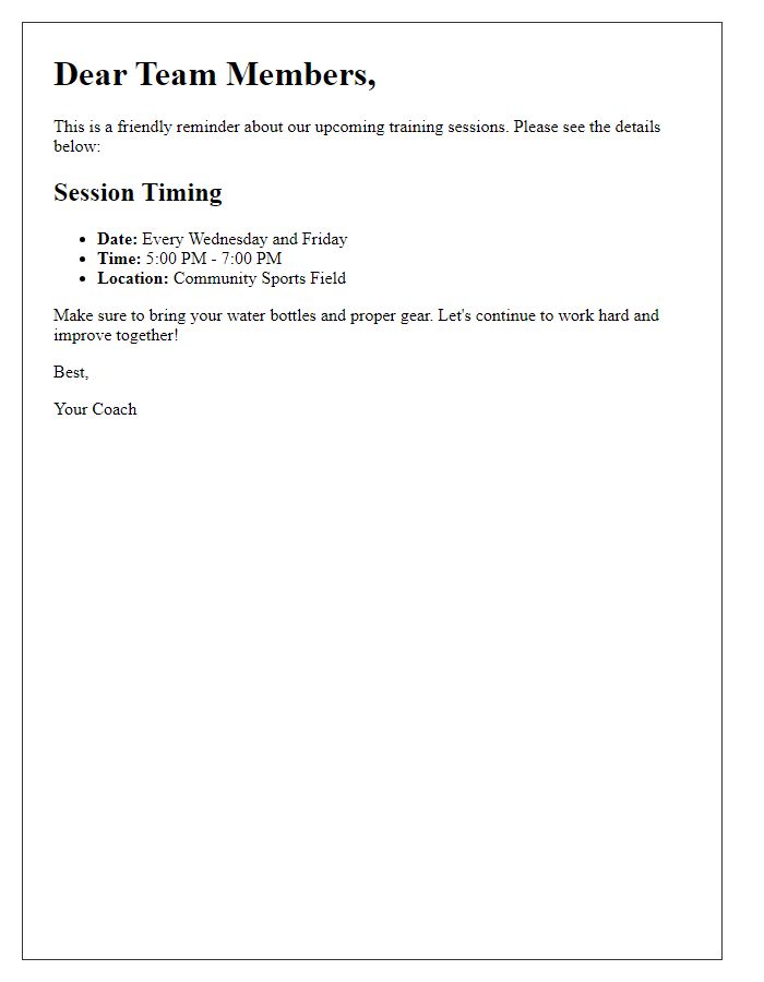 Letter template of sports team session timing reminder