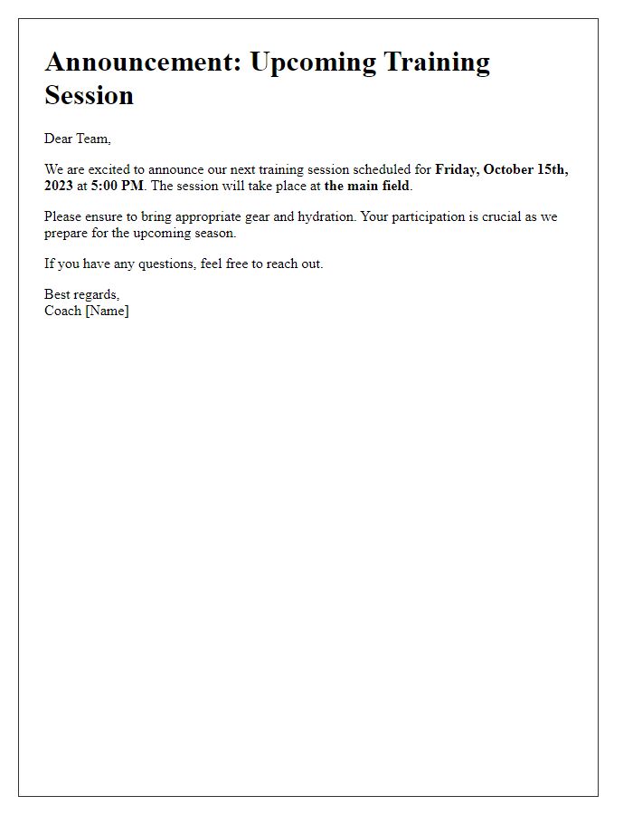 Letter template of sports team training session announcement