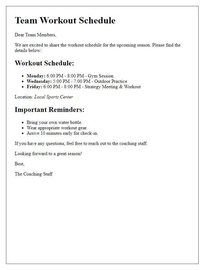 Letter template of sports team workout schedule communication