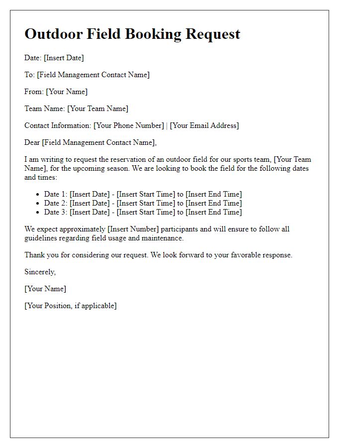 Letter template of sports team outdoor field booking