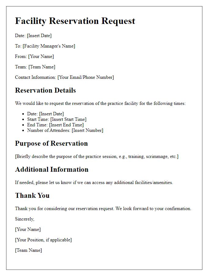 Letter template of sports team practice facility reservation