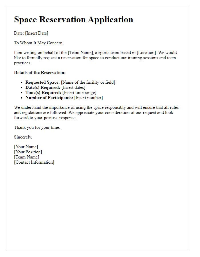 Letter template of sports team space reservation application