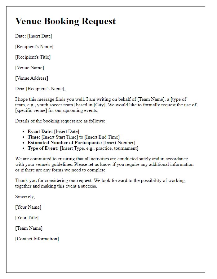 Letter template of sports team venue booking request