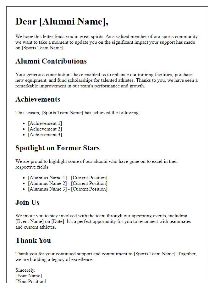 Letter template of alumni impact report for sports teams