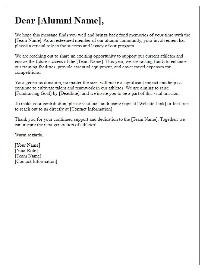 Letter template of fundraising appeal for sports team alumni