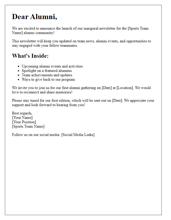 Letter template of sports team alumni newsletter announcement