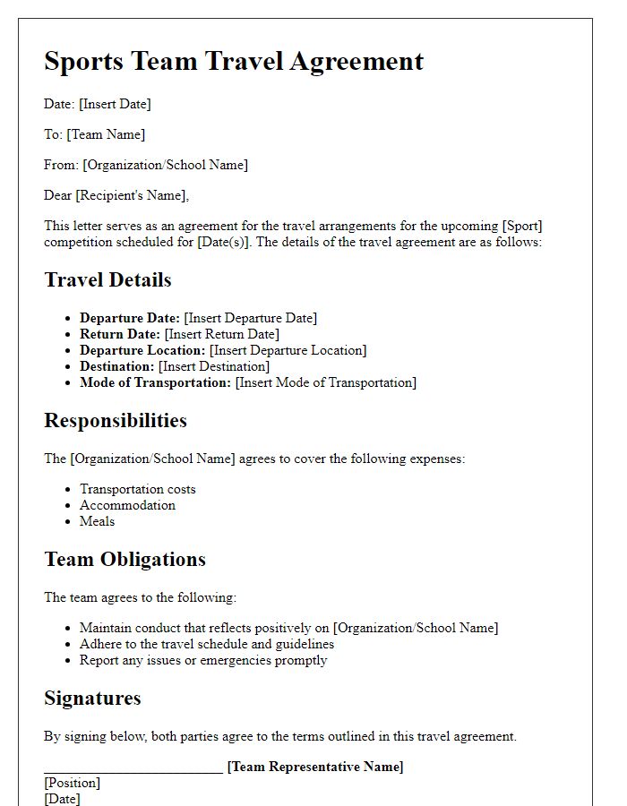 Letter template of sports team travel agreement