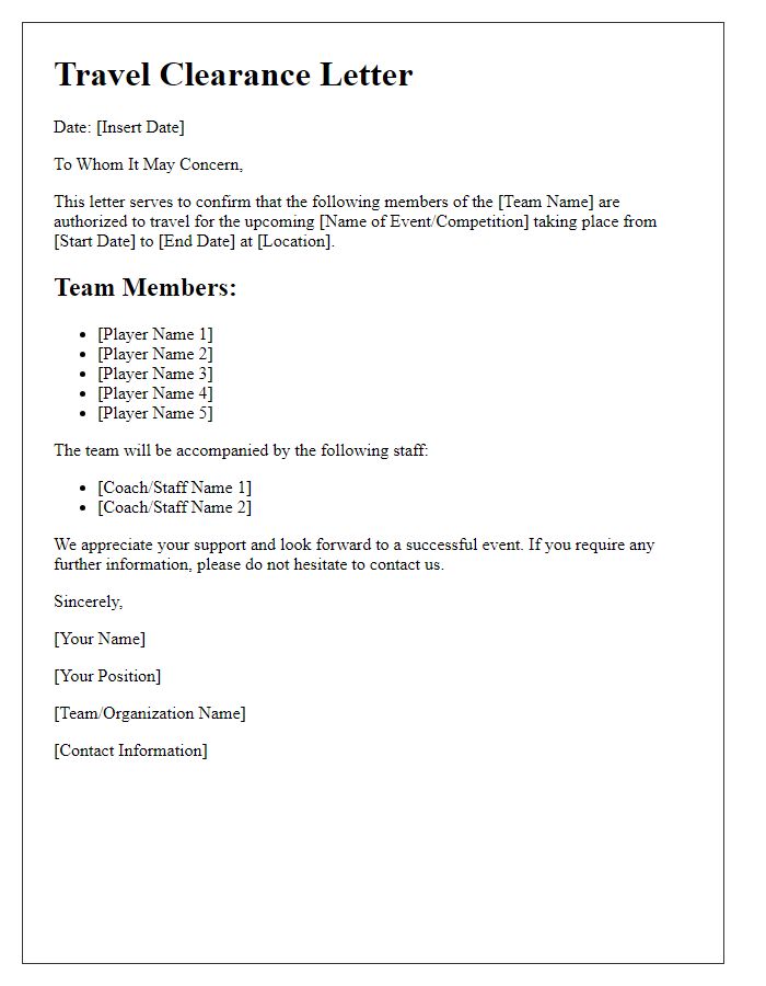 Letter template of sports team travel clearance letter