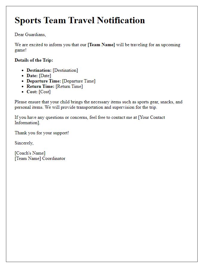 Letter template of sports team travel notification for guardians