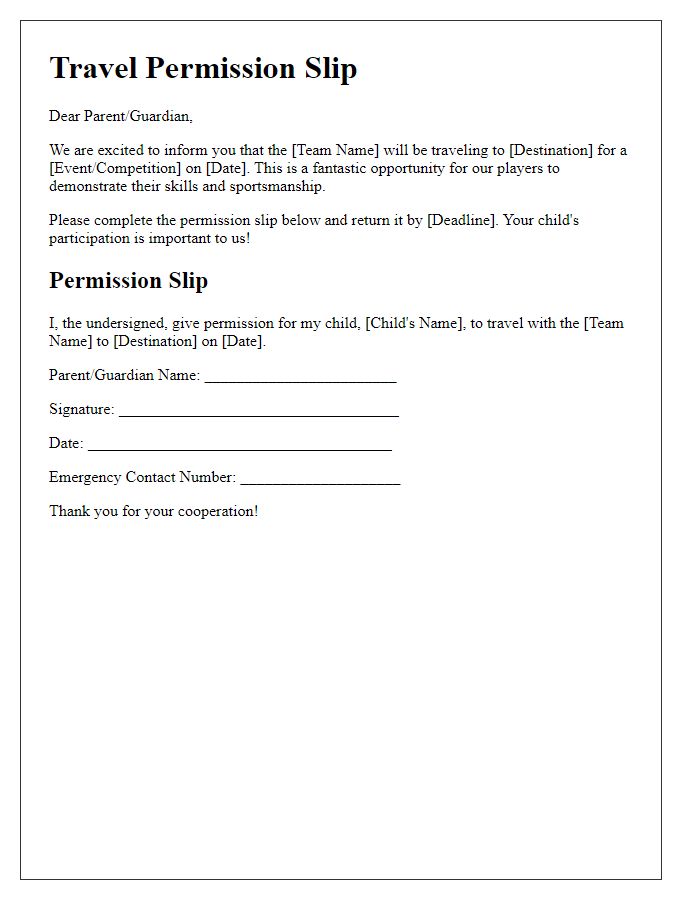 Letter template of sports team travel permission slip