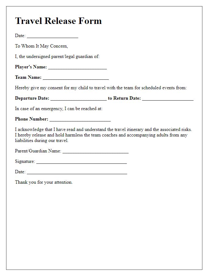 Letter template of sports team travel release form