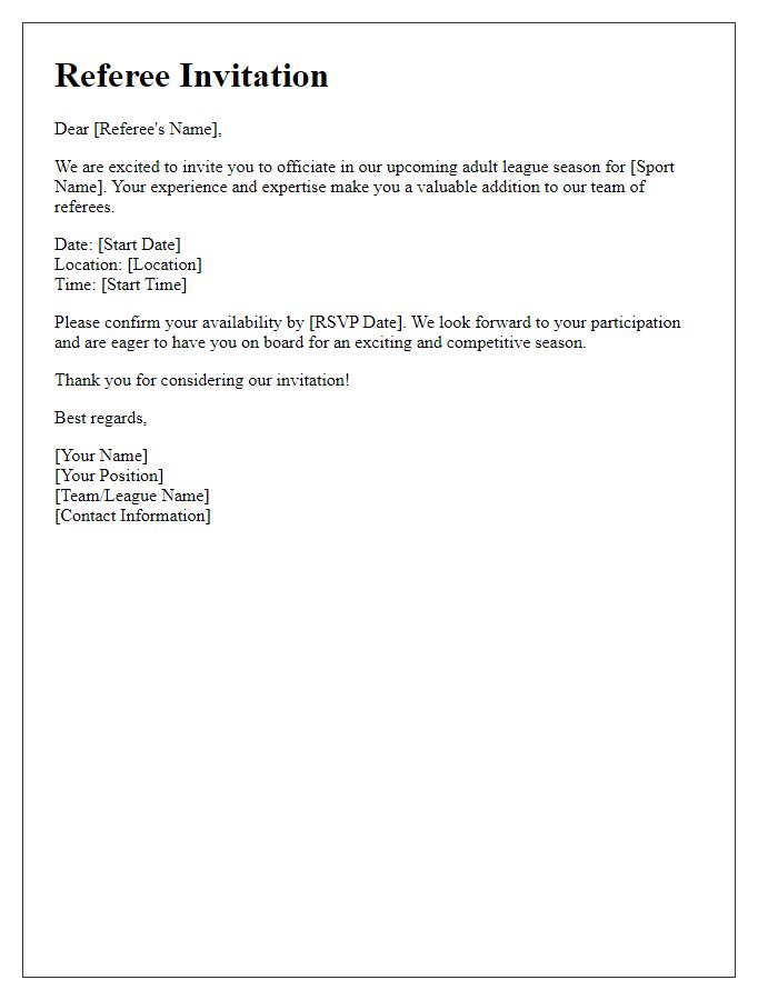 Letter template of sports team referee invitation for adult league.