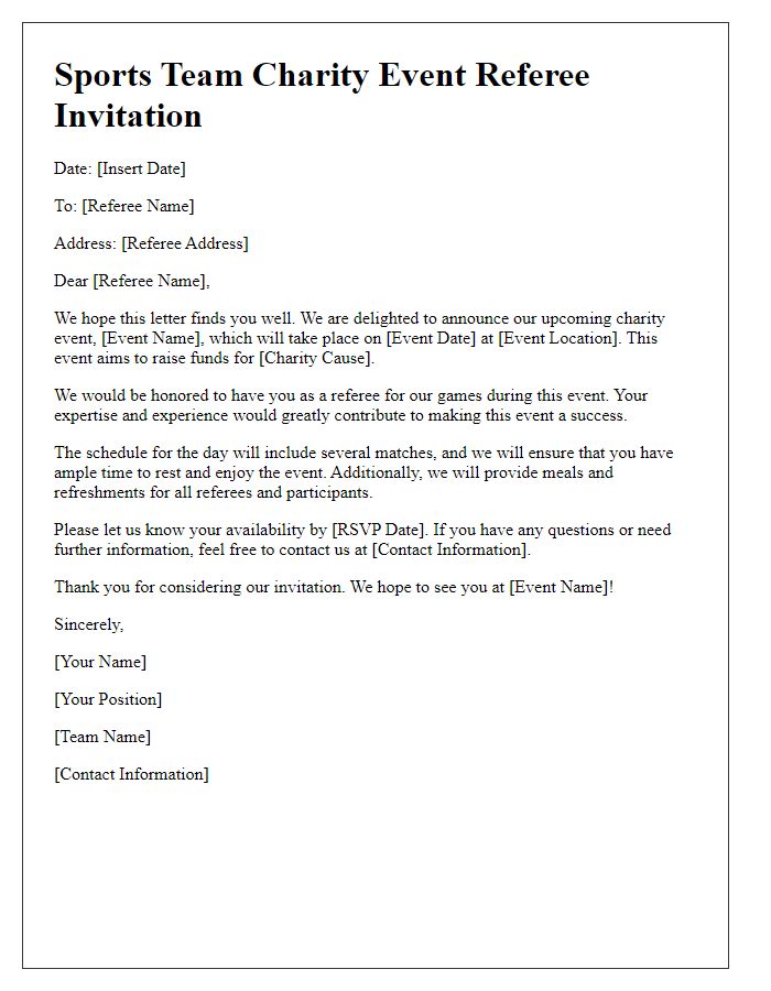 Letter template of sports team referee invitation for charity event.