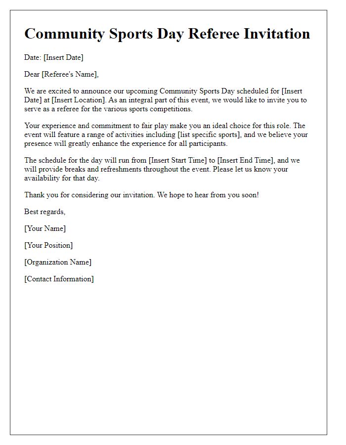 Letter template of sports team referee invitation for community sports day.