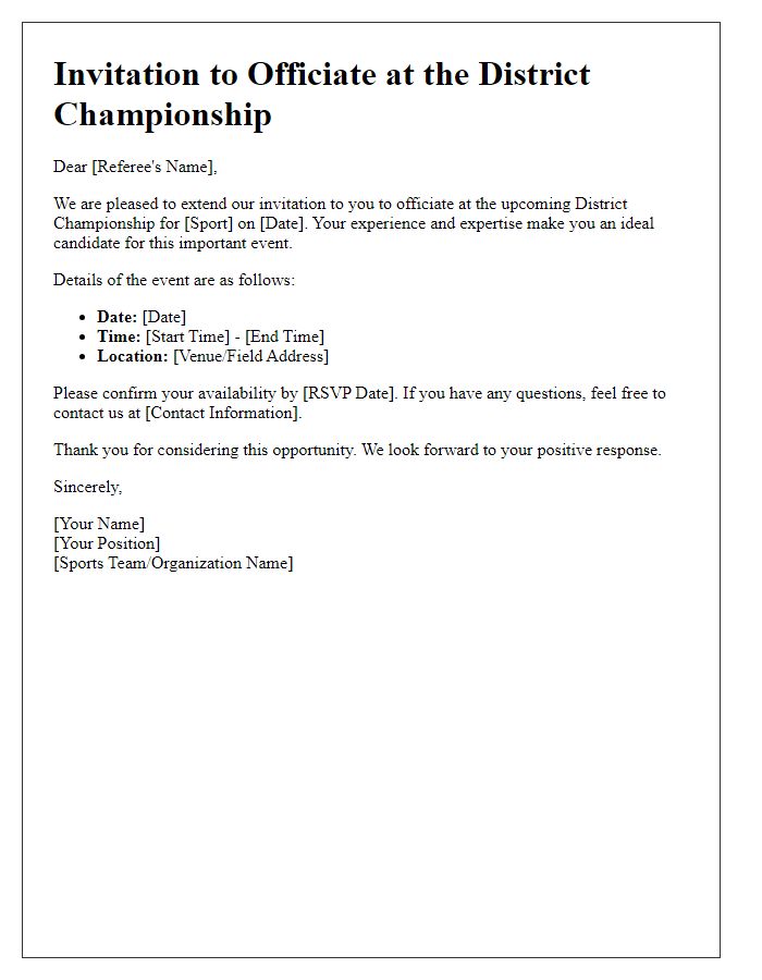 Letter template of sports team referee invitation for district championship.