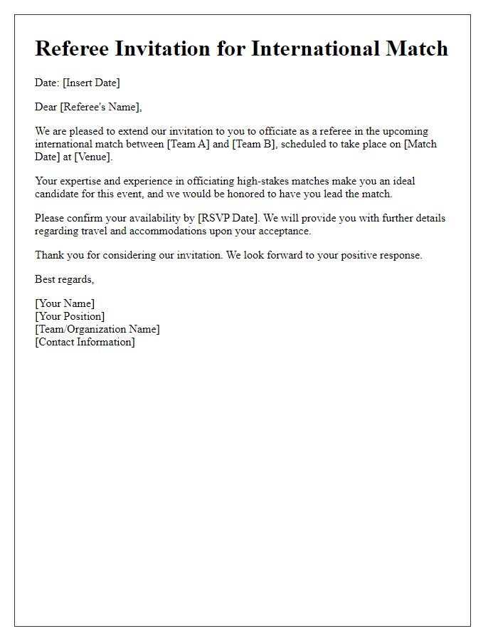 Letter template of sports team referee invitation for international match.