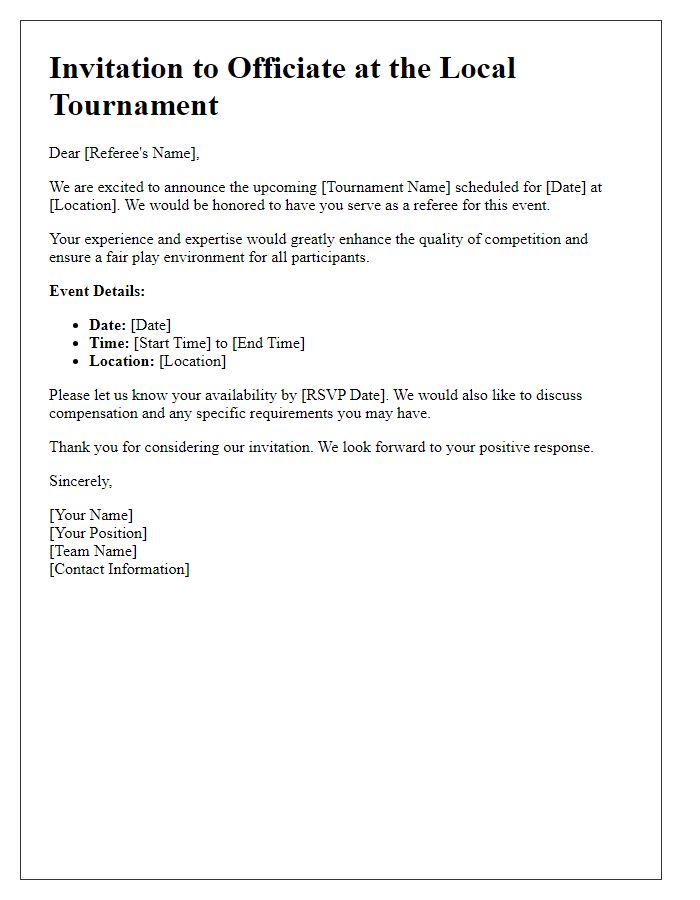 Letter template of sports team referee invitation for local tournament.