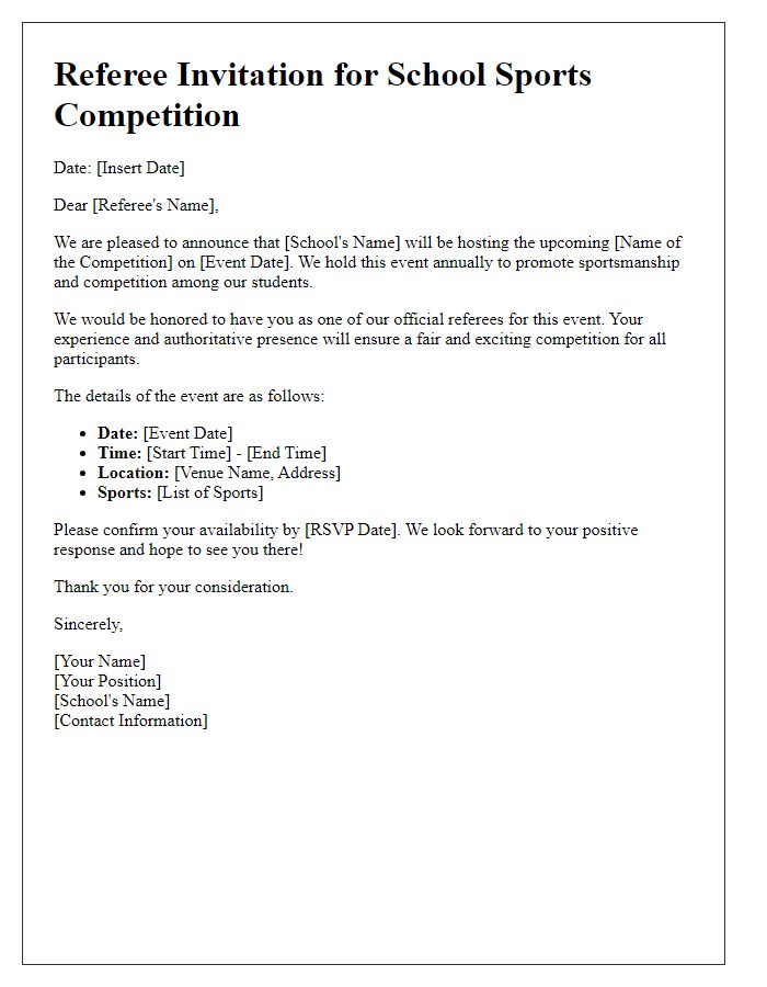 Letter template of sports team referee invitation for school competition.