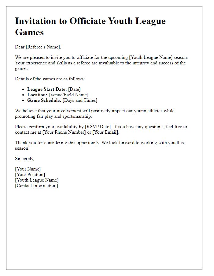 Letter template of sports team referee invitation for youth league.